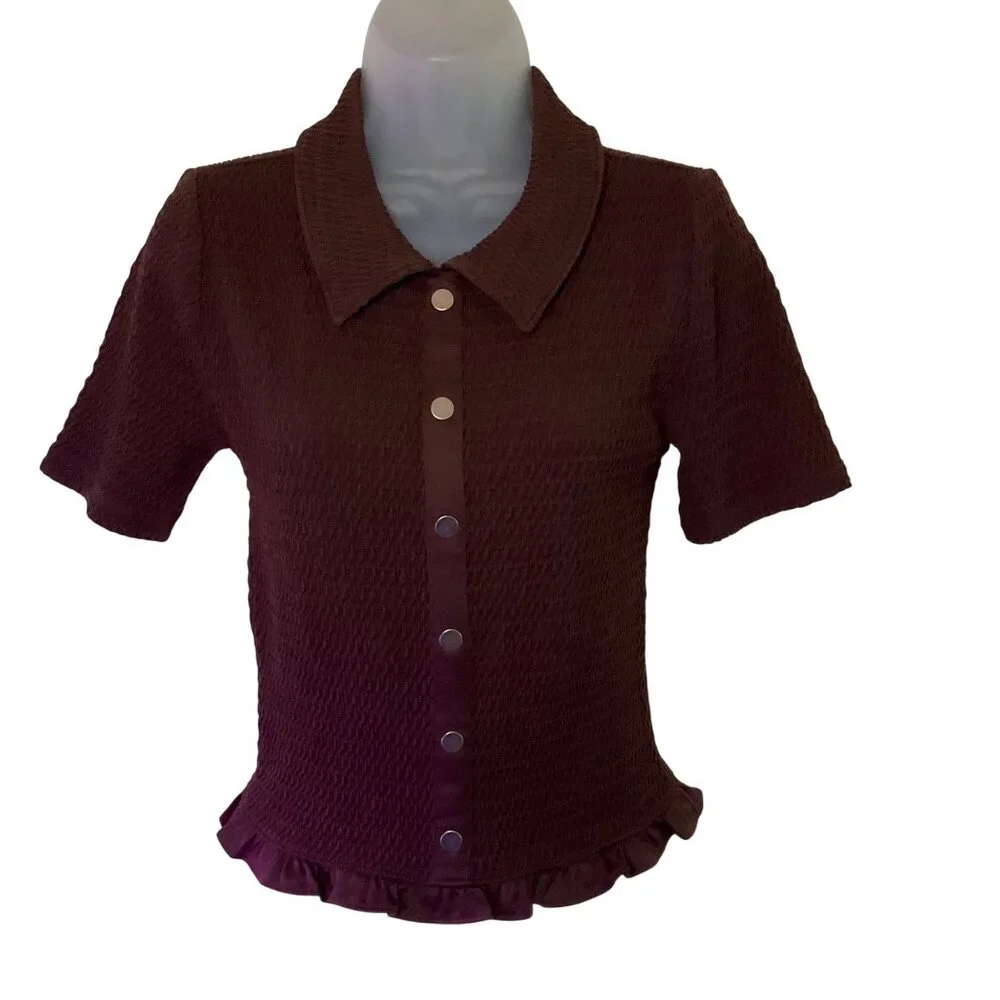 Loft Brown Ruched Top Ruffle Hem Short Sleeve Collar Womens Small neutral - Picture 1 of 7